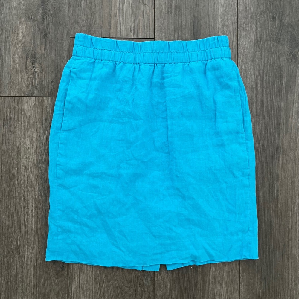 J.Crew Womens XS Turquoise Blue 100% Linen Elastic Waist Pocket Mini Skirt